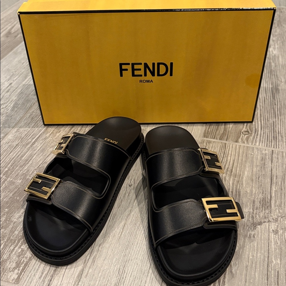 Fendi Black Sandals with Gold Buckles
